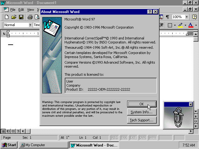 Microsoft Word 97 About Dialog (1997)